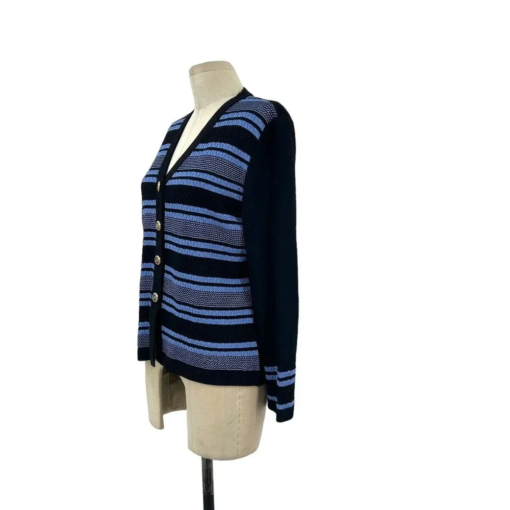 St. John Collection Santana‎ Knit Black Blue Stripe Cardigan Sweater Size 4